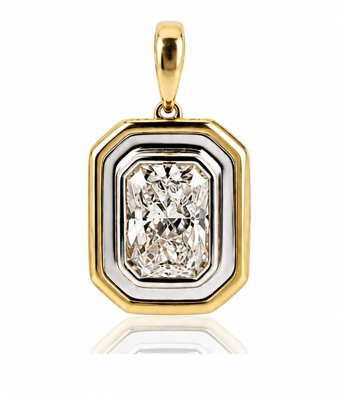 Double framed diamond pendant 3 carat cushion cut diamond set in a two toned framed pendant — Waltz Diamonds