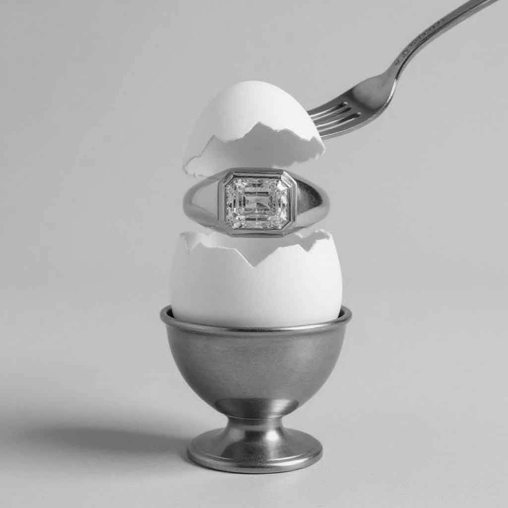 Creative monochrome still-life of the Femme Forte Signet Ring nestled inside cracked egg shells held in a metal egg cup.