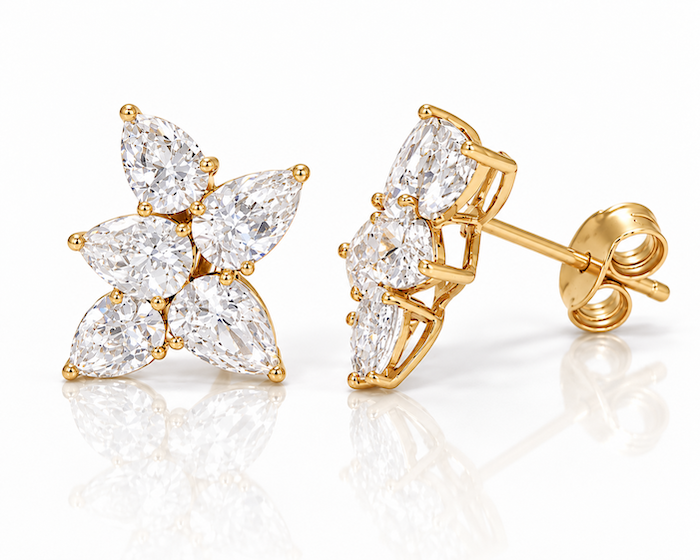 Fifth Element Pear Cluster Earrings in white gold 5 pear cut diamonds clustered together in each earring — Waltz Diamonds