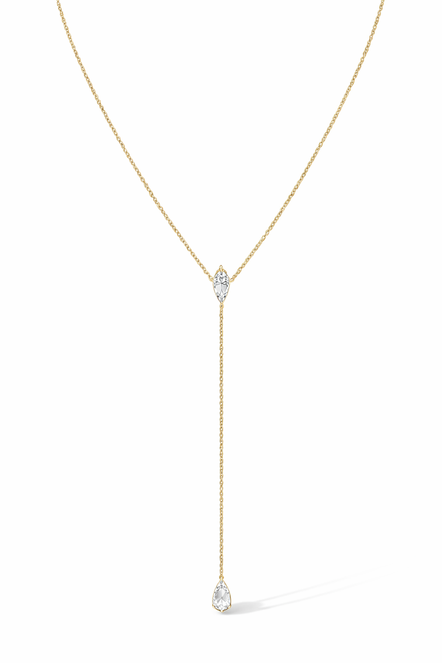 Fine Line Lariat necklace wit a marquise center stone and a pear diamond drop in yellow gold —Waltz Diamonds