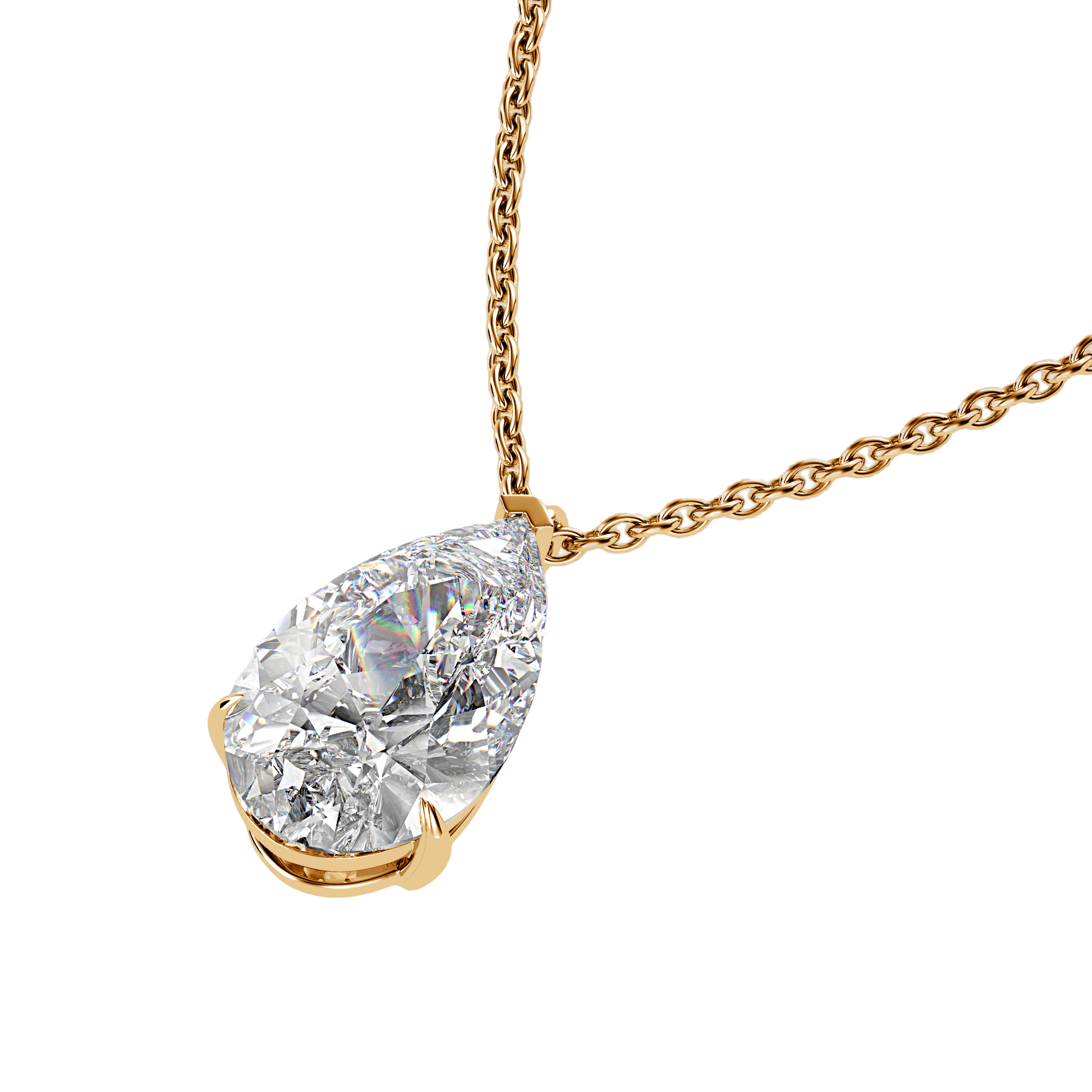 For the Planet Pear Solitaire 2-carat pear-shaped diamond necklace in yellow gold, minimalist 3-prong mount, product shot from corner angle.