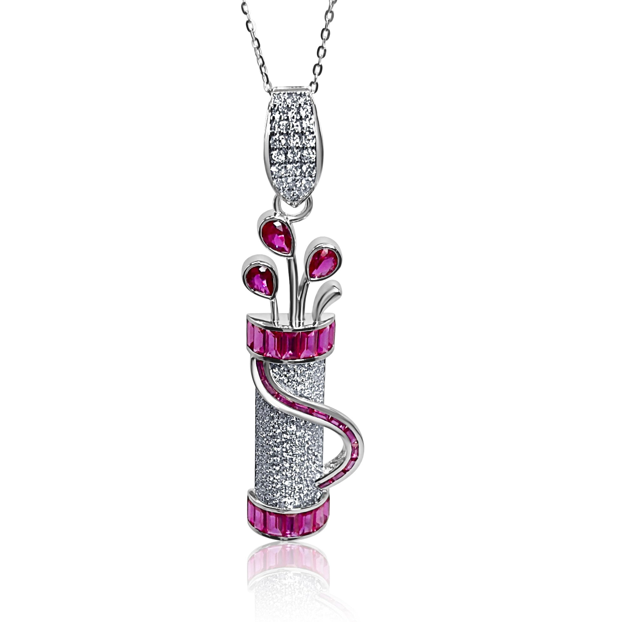 Product shot of the Fore Play golf bag pendant with diamond and ruby detailing shown from the front