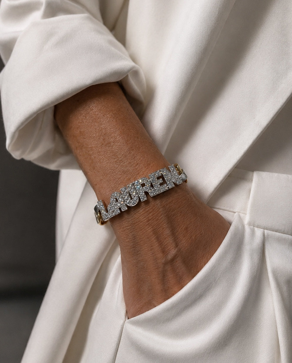 G's Heirloom cuban bracelet with diamond Lauren name plate and gold — Waltz Diamonds