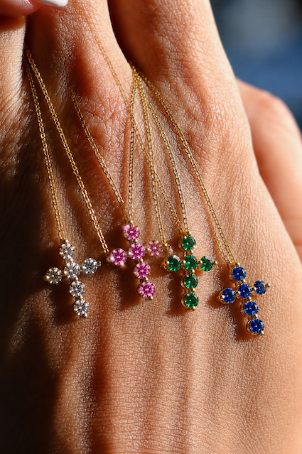 Gods love cross pendants in multiple colors on a yellow gold chain — Waltz Diamonds