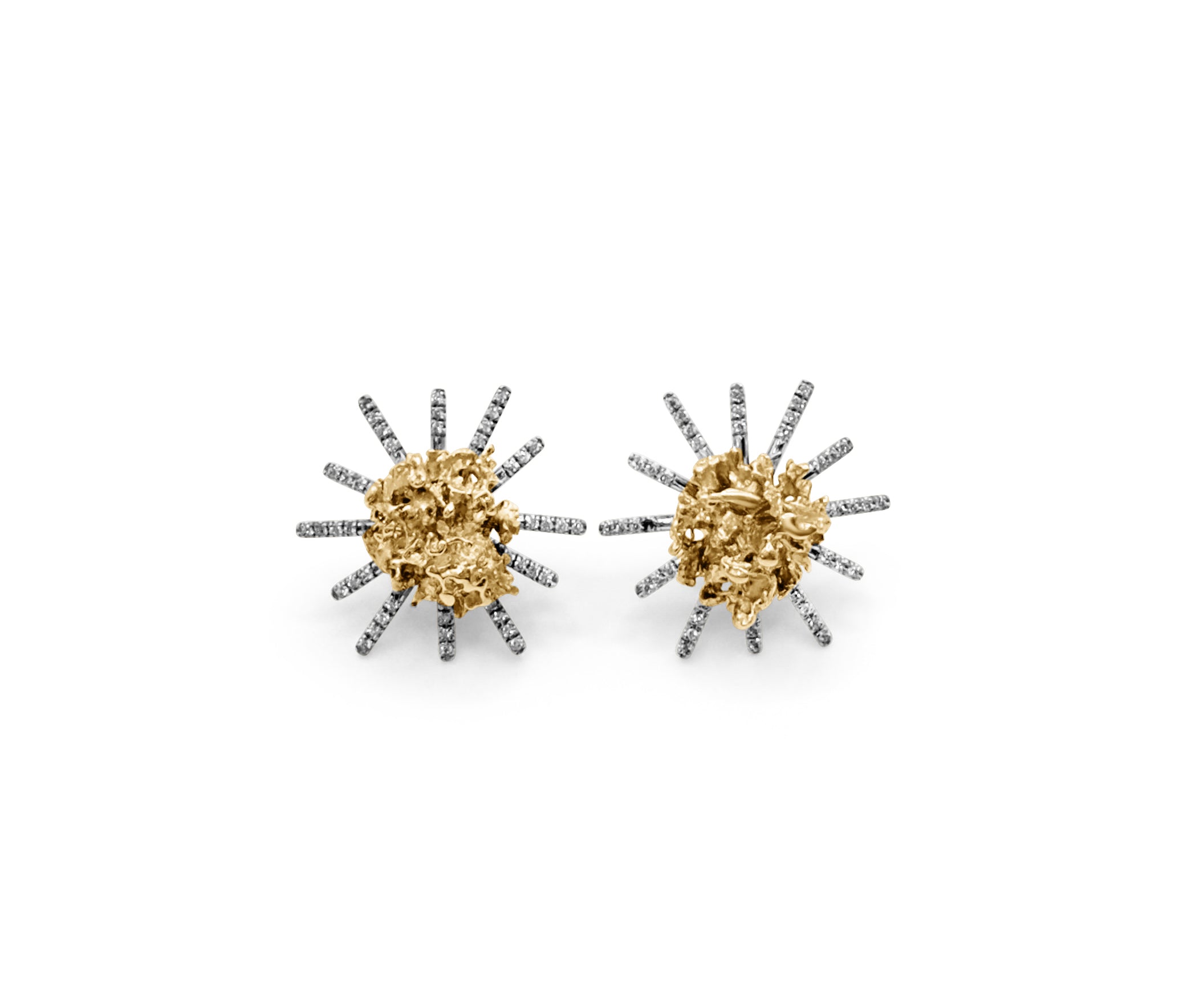 Front view of Golden Nugget Earrings in high-purity 21k gold with radiant diamonds