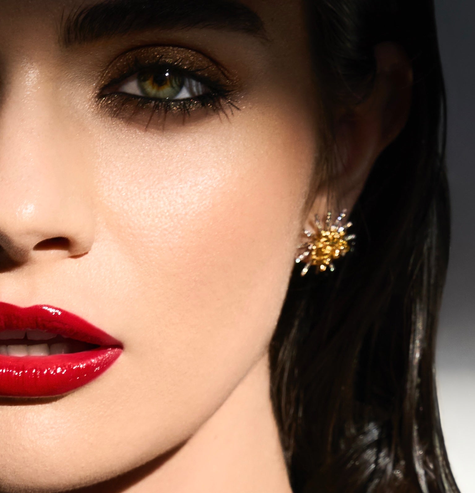 Close-up editorial image highlighting texture and shine of 21k Golden Nugget Earrings
