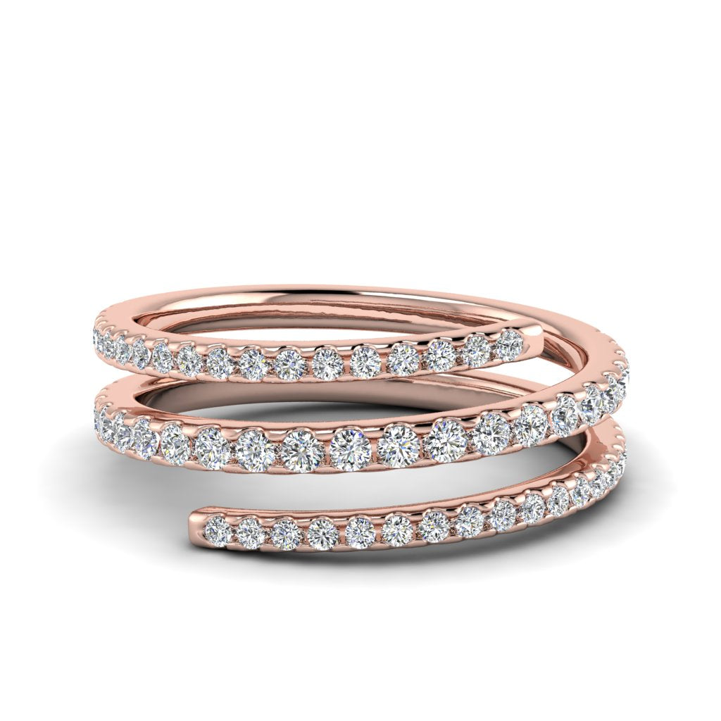 Front view of I Am Worthy Spiral Wrap Ring in 18k rose gold with pavé-set diamonds in a triple spiral band