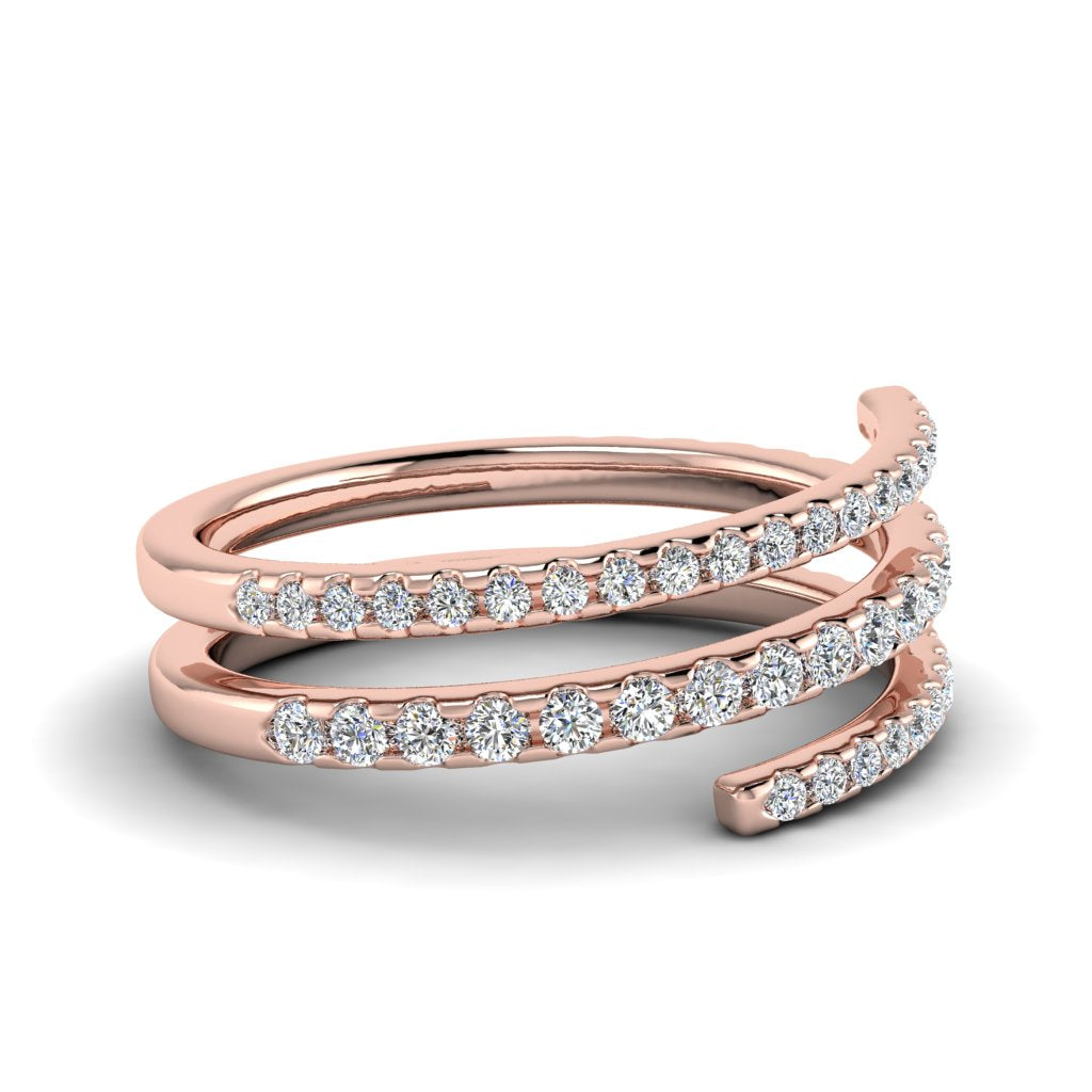 Side view of I Am Worthy Spiral Wrap Ring in rose gold laid flat showing three layers of pavé diamonds