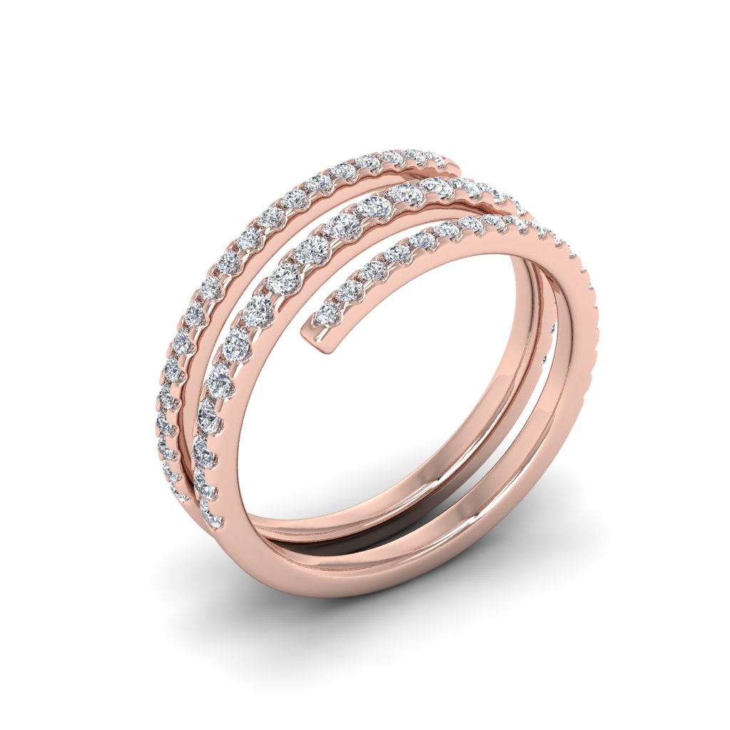 Rose gold version of the I Am Worthy Spiral Wrap Ring standing to reveal sparkling triple pavé spiral