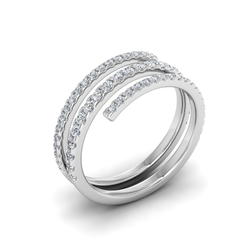 Upright standing white gold I Am Worthy Spiral Wrap Ring highlighting its spiral pavé rows