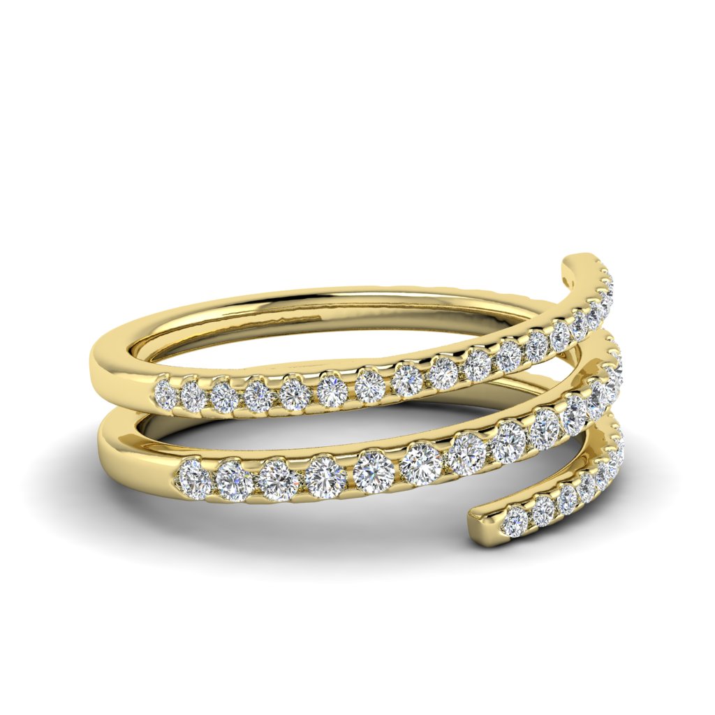 Side view of I Am Worthy Spiral Wrap Ring in yellow gold laid flat showing textured spiral design