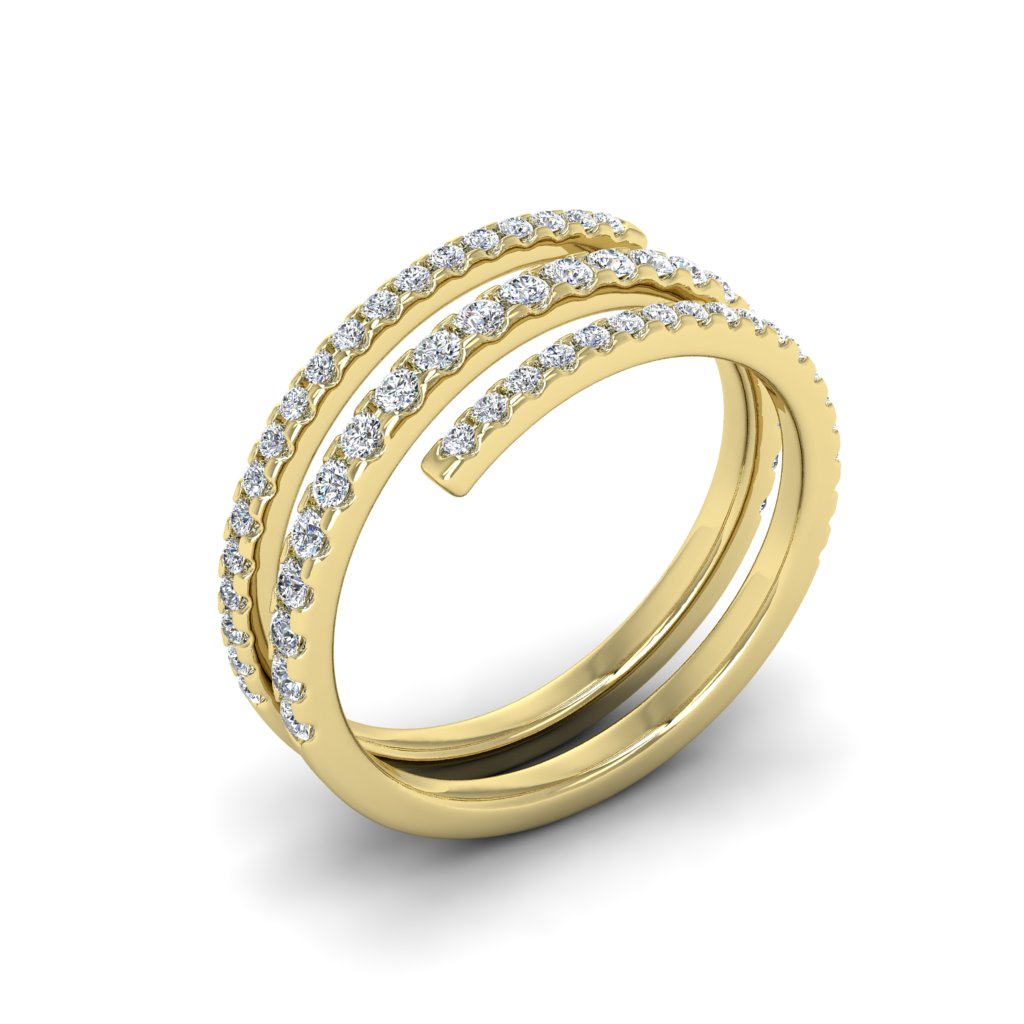 Yellow gold I Am Worthy Spiral Wrap Ring standing upright showing elegant pavé spiral curves