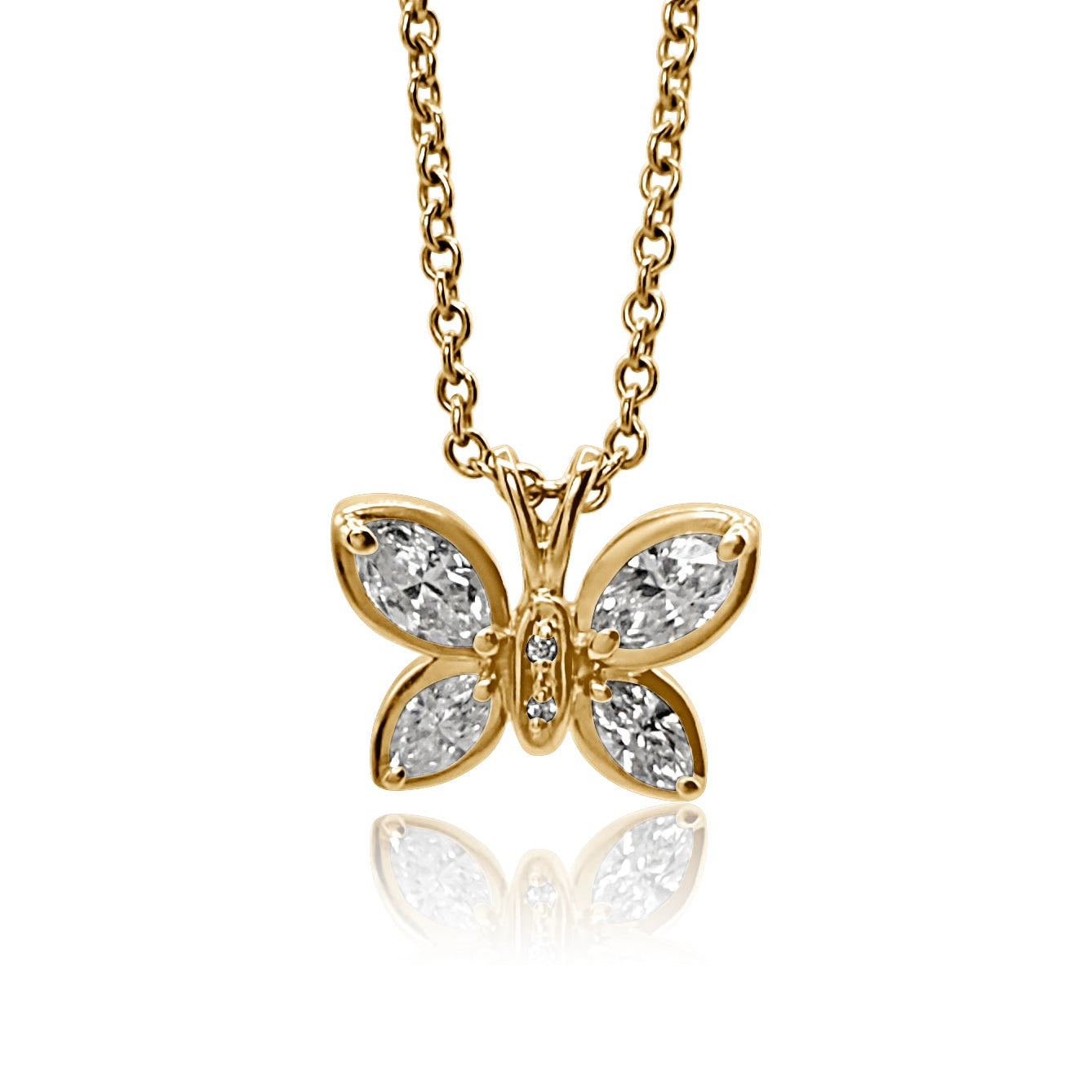 Front product view of Jasmine's Butterfly Pendant in yellow gold with sustainably grown marquise and round diamonds
