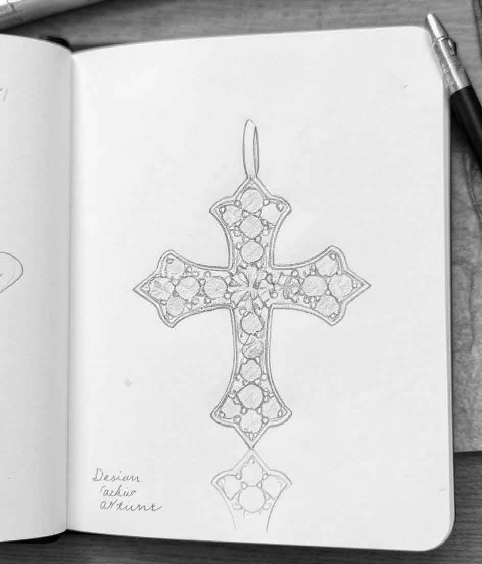 Hand-drawn sketch of the Thou Shall Not Fear Cross Pendant, featuring an ornate cross design outlined with gemstone details.