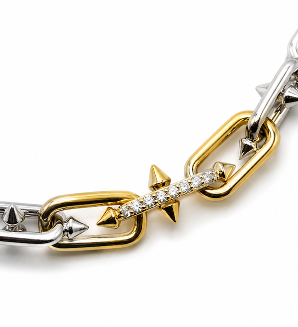 Kink Link Chain silver and 14k gold structural thick link chain with diamond accents close up of gold link — Waltz Diamonds