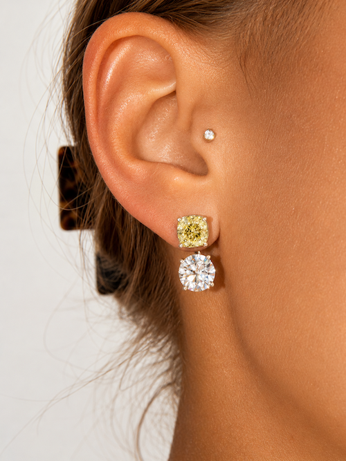 Lemon Drop Earring  jacket yellow diamond and a white diamond jacket white gold  on ear — Waltz Diamonds