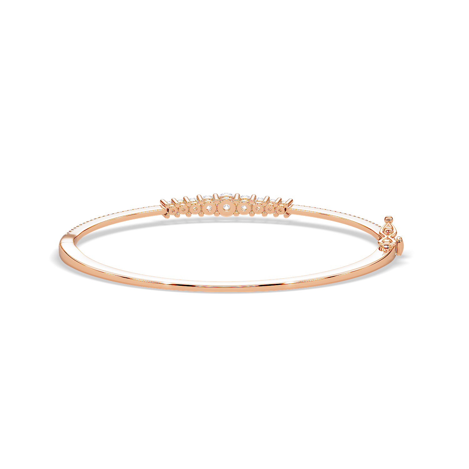 Rear view of rose gold Less is More 1 carat diamond bangle showing inner details and bracelet clasp.