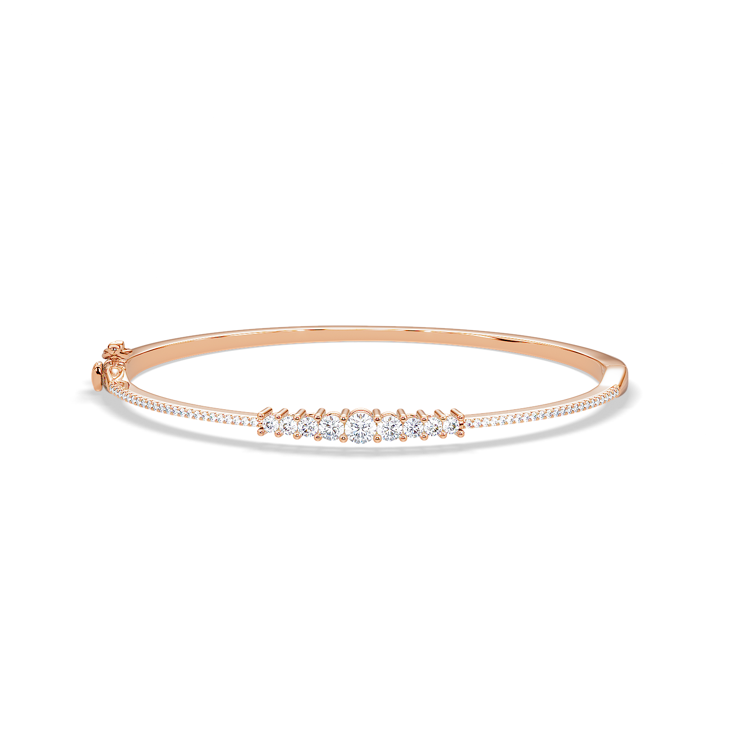 Rose gold Less is More diamond bangle in 1 carat with round graduated diamonds, front view on clean background.
