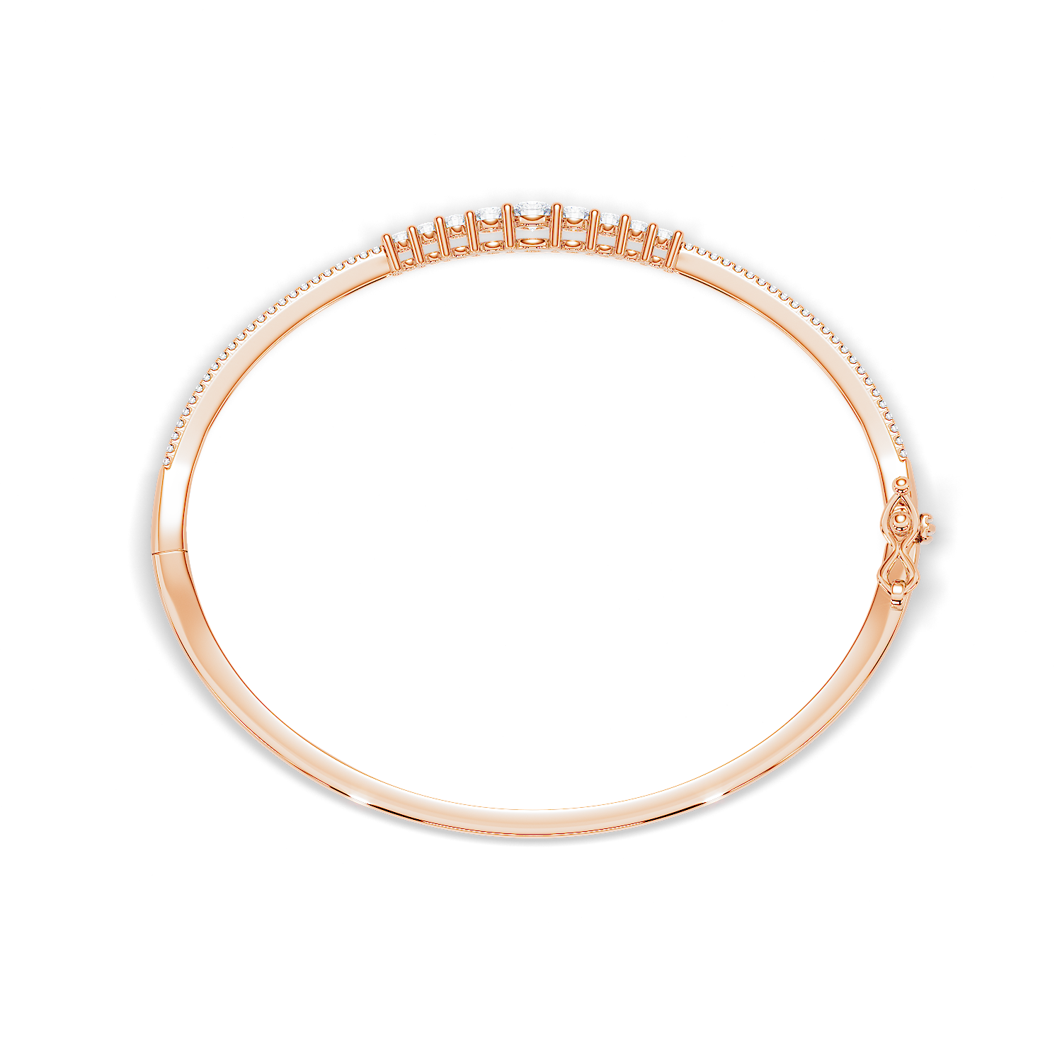 Top view of rose gold Less is More bangle, showcasing minimalist structure and sparkly graduated diamonds.