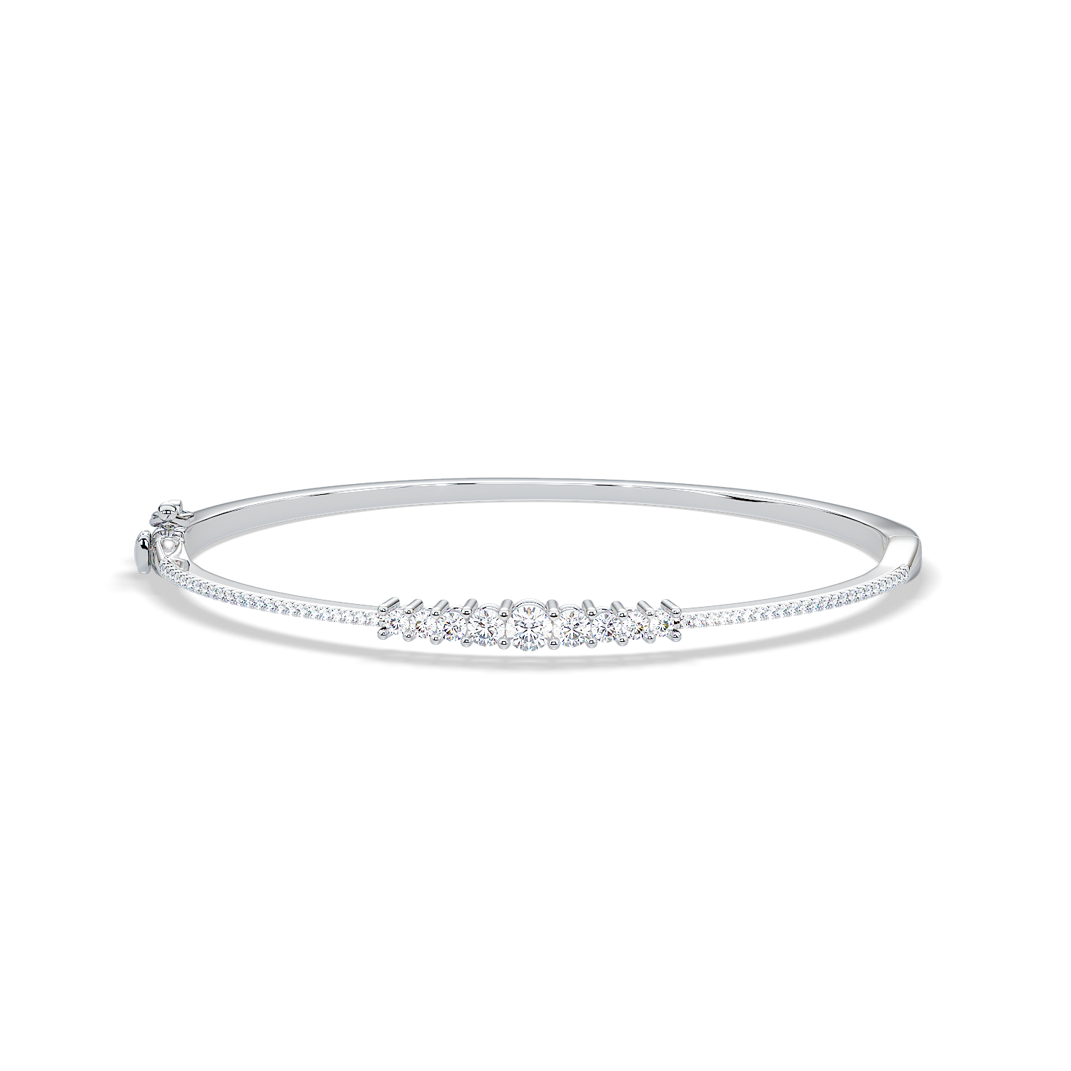 Less is More 1 carat diamond bangle in white gold, front-facing view with graduated round brilliant diamonds.