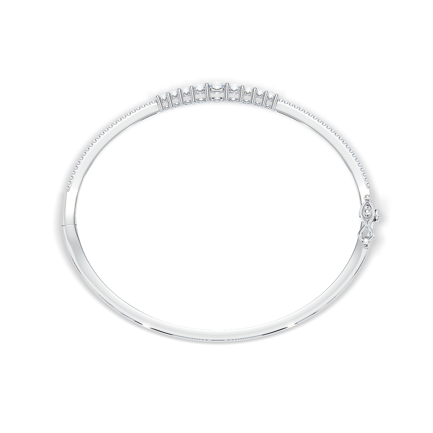 Top view of 1 carat diamond bangle in white gold with graduated diamond design from the Less is More collection.