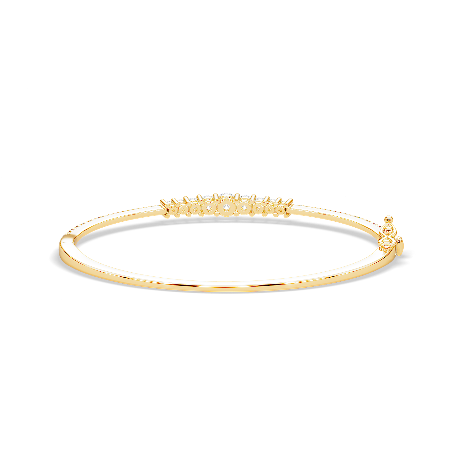 Back view of Less is More 1 carat diamond bangle in yellow gold, showing clasp and inner design on white background.