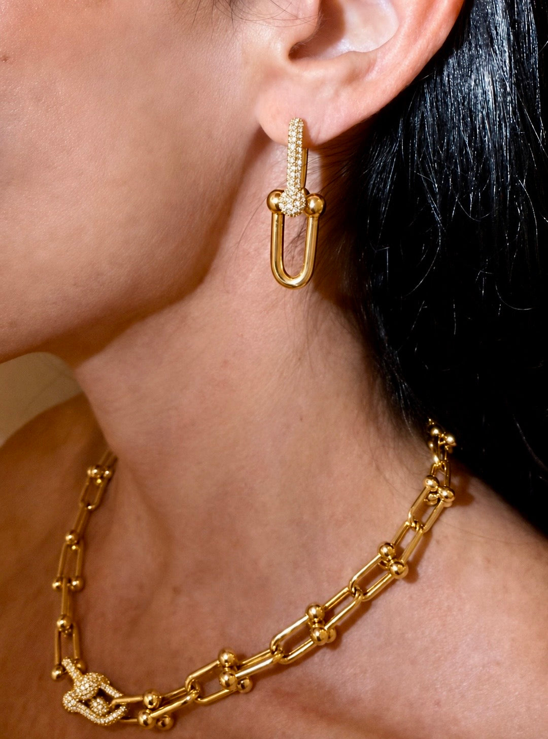 Link Me earrings and necklace with partial top pave diamonds in 14k yellow gold on model — Waltz Diamonds