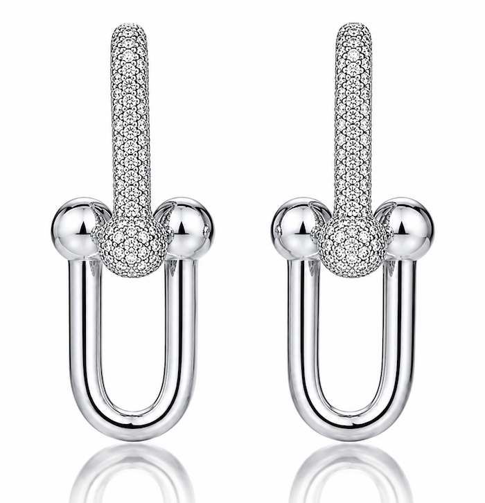 Link Me earrings with partial top pave diamonds in 14k white gold — Waltz Diamonds