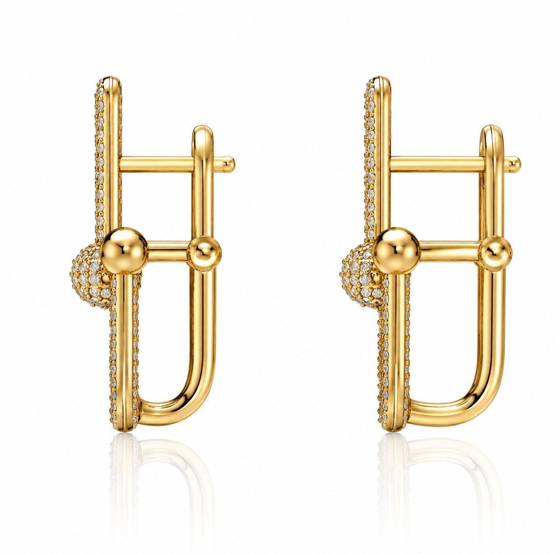 Link Me earrings with partial top pave diamonds in 14k yellow gold side view— Waltz Diamonds