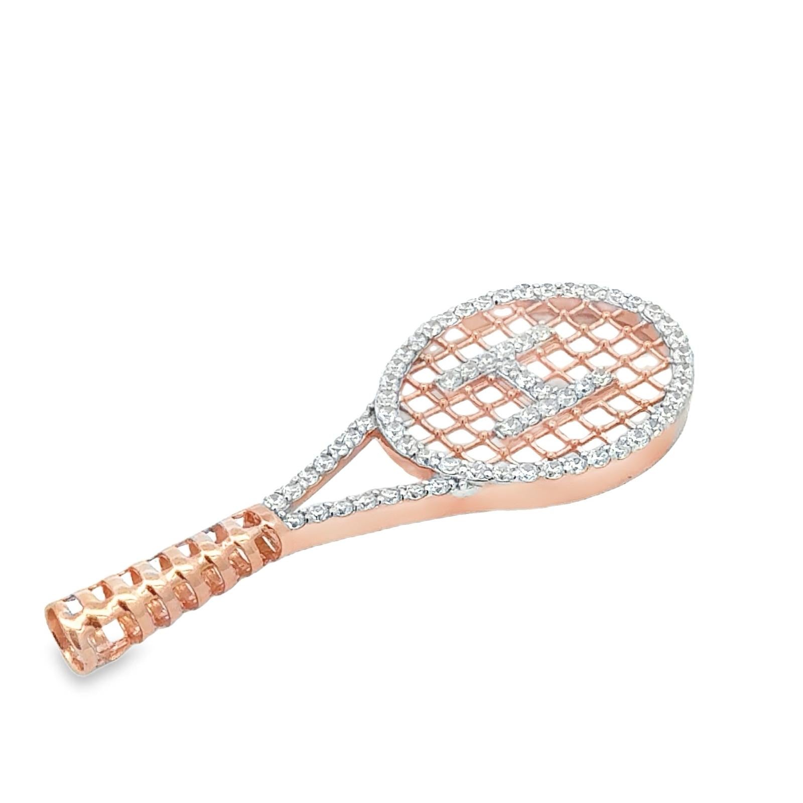 Flat lay of Love All Pendant in 14k rose gold featuring pavé-set sustainable diamonds shaped like a tennis racket