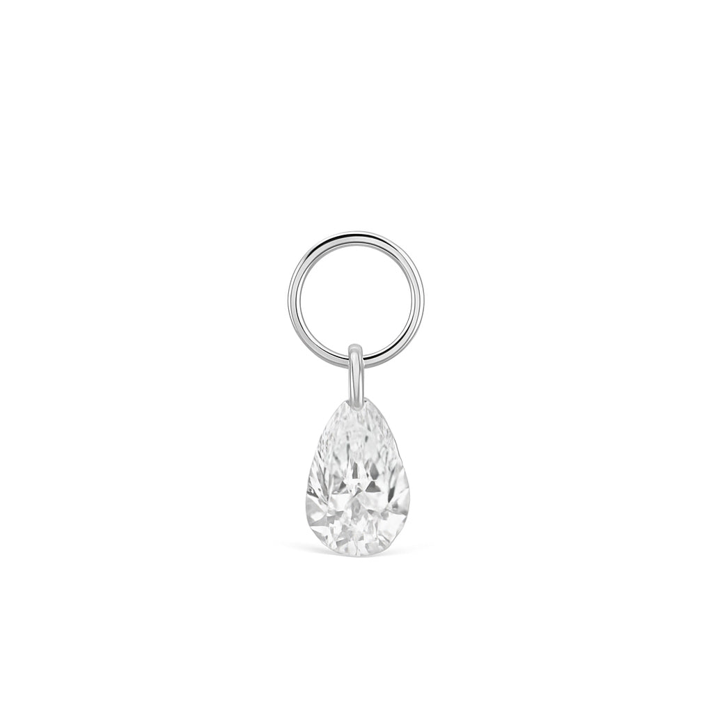 Close-up front view of Lumière Drop Ear Charm in 14k white gold featuring faceted pear-shaped diamond
