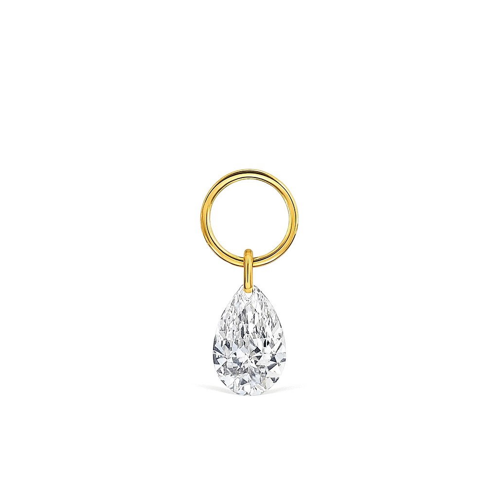 Front view of Lumière Drop Ear Charm in yellow gold with pear-shaped sustainable diamond
