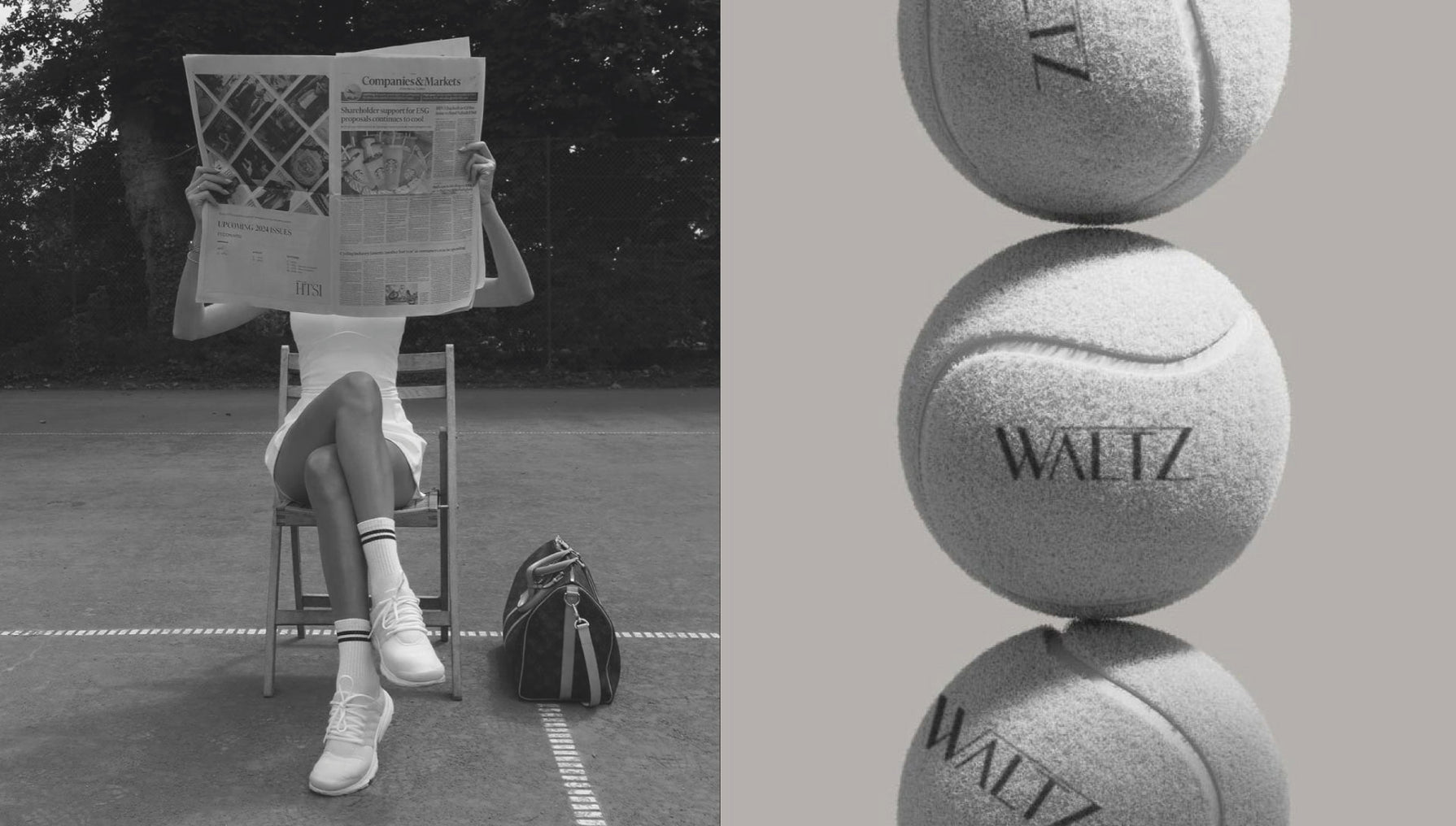 Split-image banner showing a woman sitting on a tennis court reading a newspaper beside a sports bag, paired with stacked tennis balls branded with the Waltz logo.