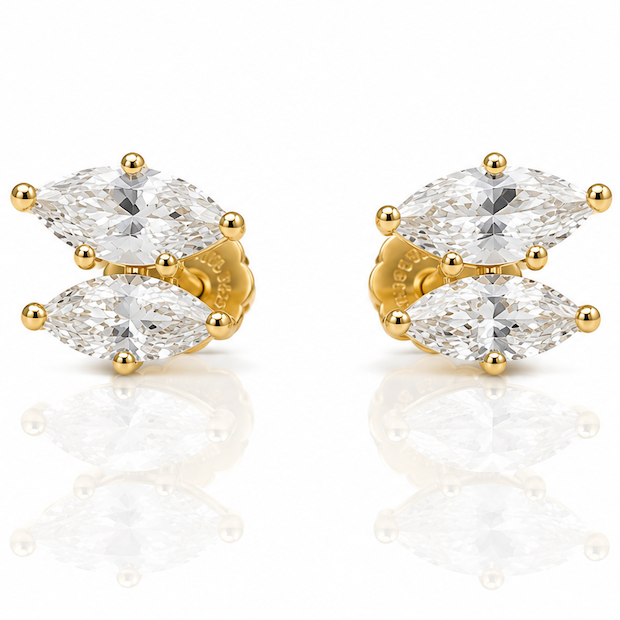 Marquise sidekick double diamond studs in yellow gold  — Waltz Diamonds
