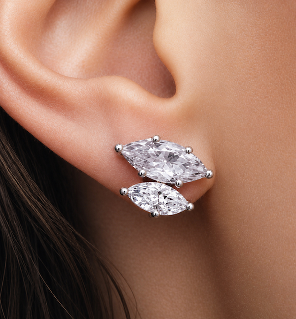 Marquise sidekick double diamond studs in white gold worn on ear — Waltz Diamonds
