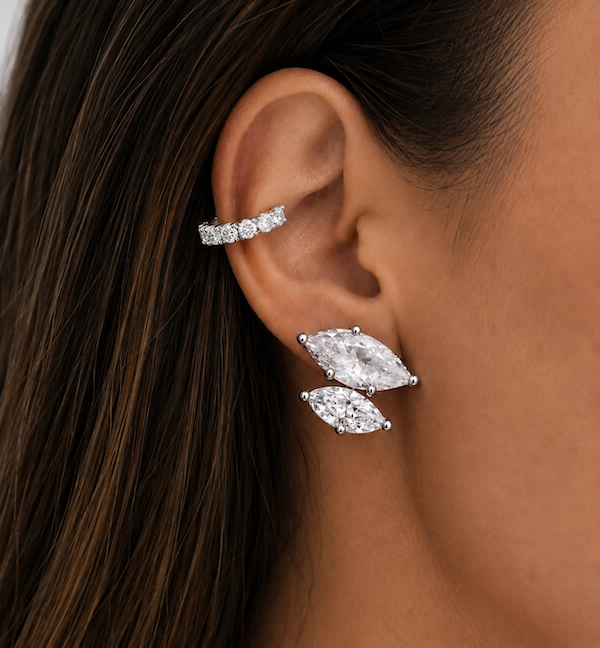 Marquise sidekick double diamond studs in white gold worn on ear with seven sins cuff— Waltz Diamonds