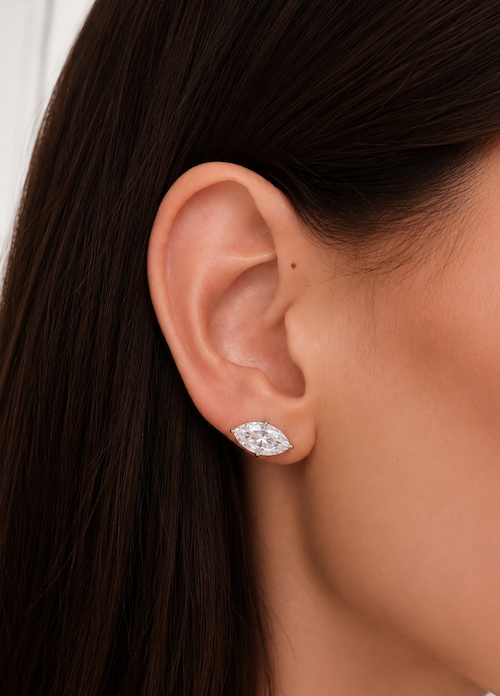 Marquise stud earrings in 14k white gold on ear — Waltz Diamonds