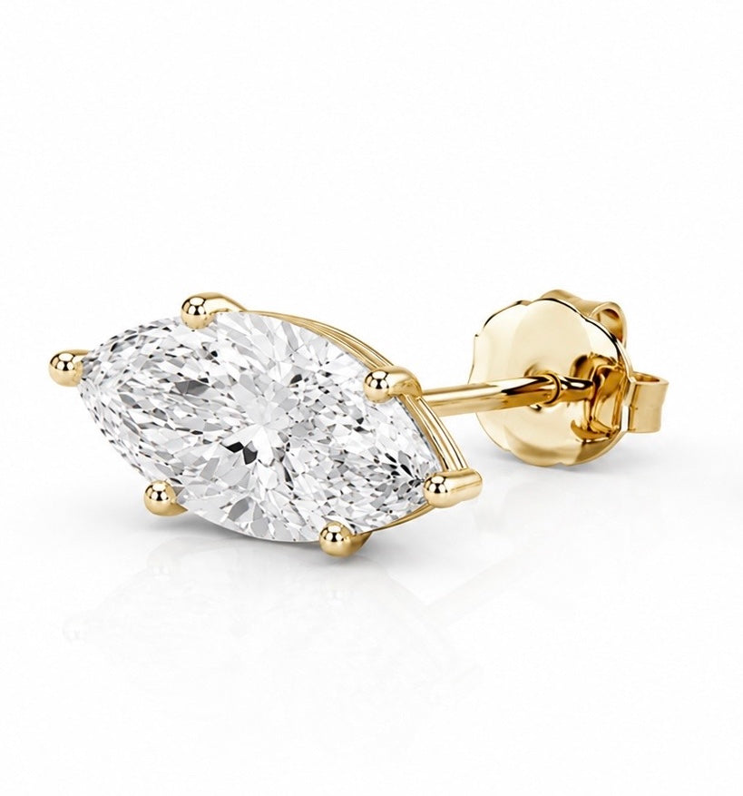 Marquise stud earrings in 14k yellow gold side view — Waltz Diamonds