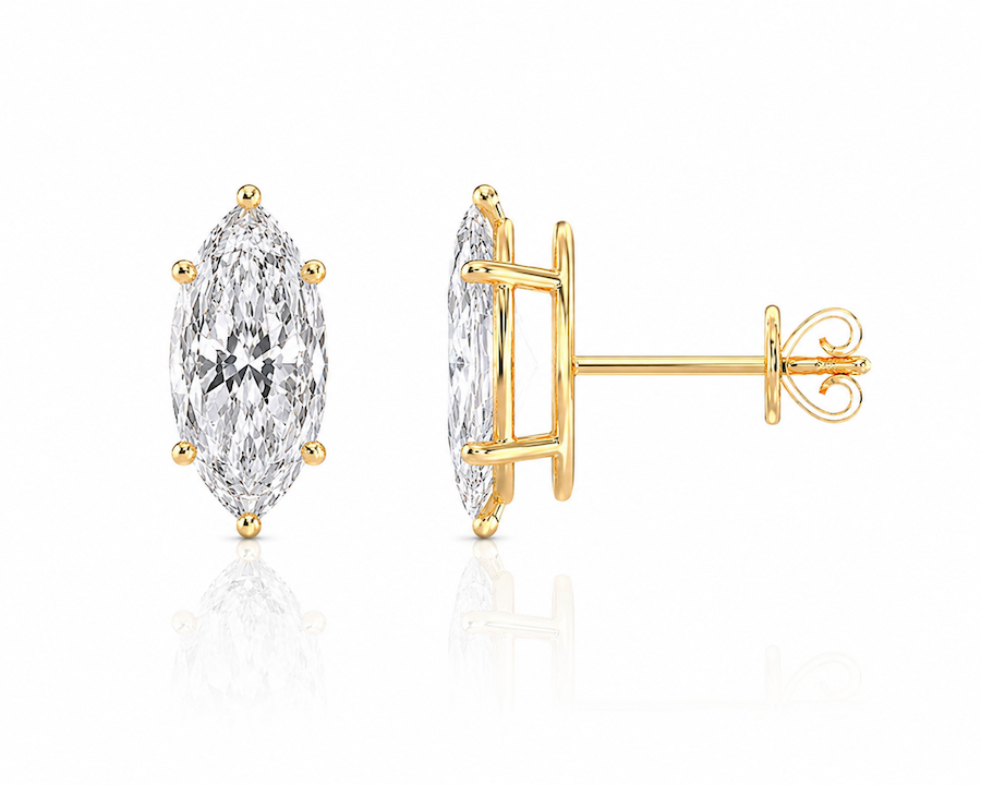 Marquise stud earrings in 14k yellow gold side view — Waltz Diamonds