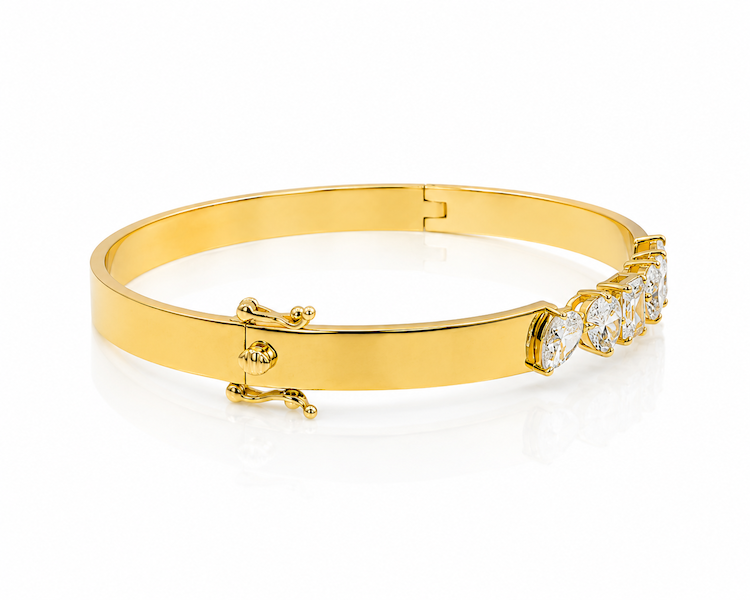 Mimi Bangle in 14k yellow gold with pear,oval,and radiant-cut diamonds side view of clasp— Waltz Diamonds