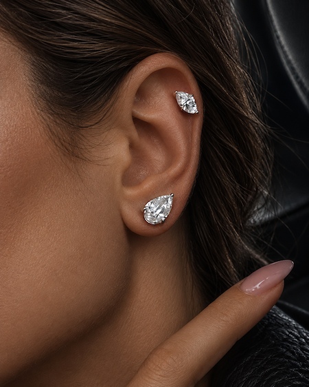 Pearfectionist studs pear cut on ear — Waltz Diamonds