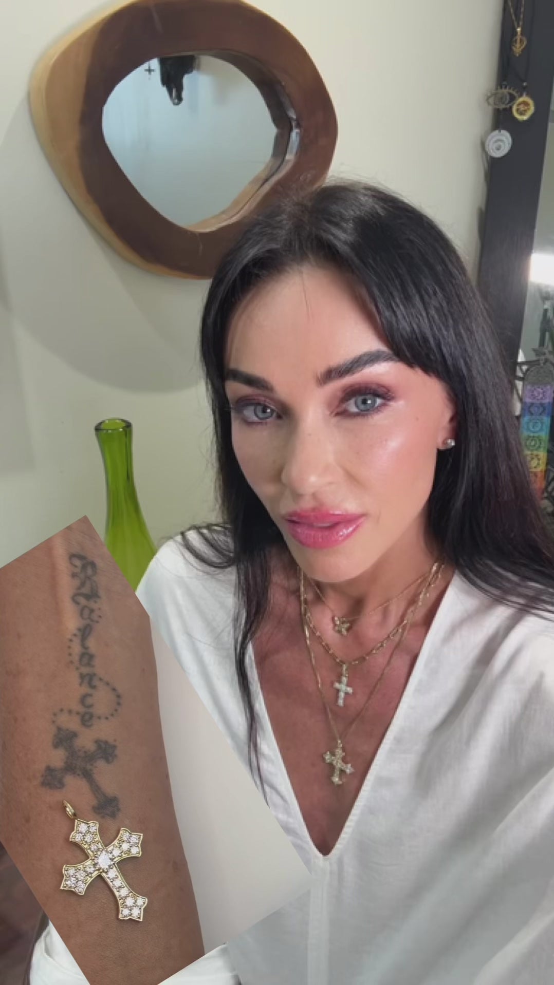 jasmine Waltz explaining how her cross tattoo inspired the Waltz Diamonds pendant Thou Shall not Fear Pendant 