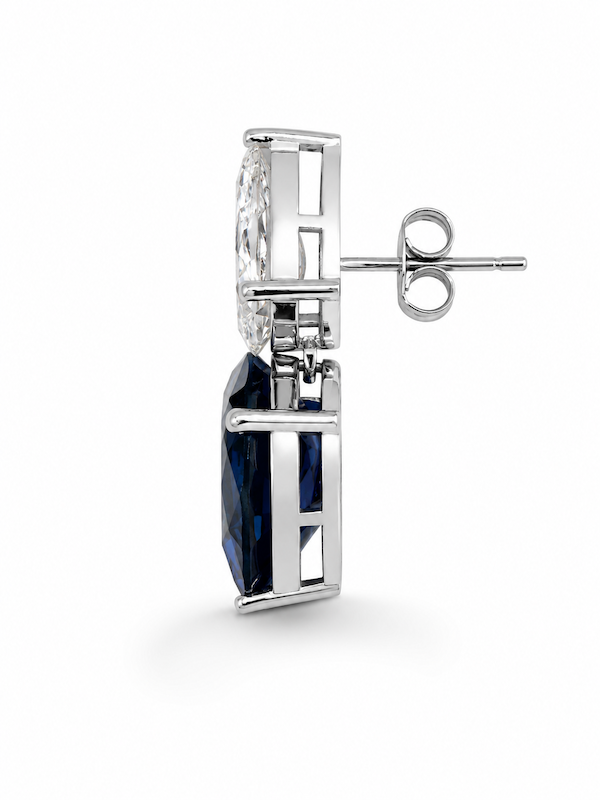 Raindrop Duo Stud elongated pear cut diamond and sapphire earring white gold side view — Waltz Diamonds