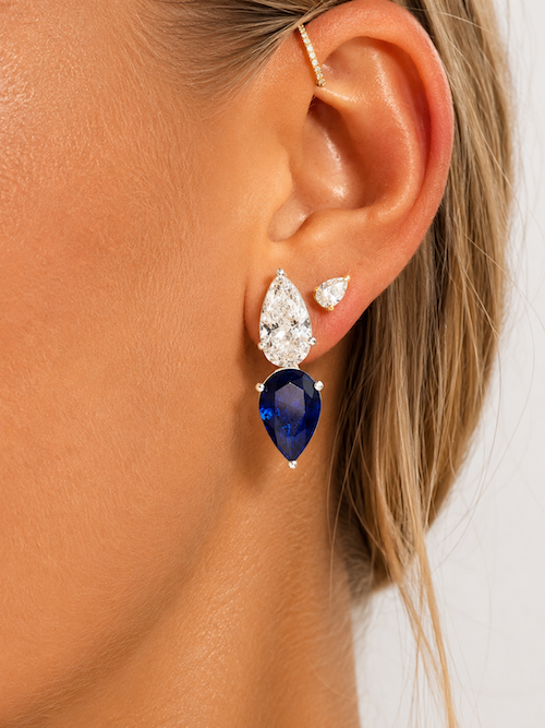 Raindrop Duo Stud elongated pear cut diamond and sapphire earring white gold on ear — Waltz Diamonds