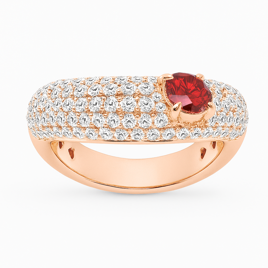 Rose gold Secret Portal Ring with ruby center and 100 pavé diamonds, front view