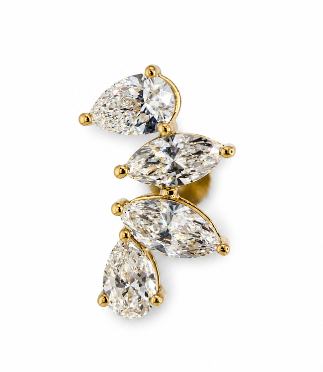 Side Piece climber stud featuring two pear cut and two marquise cut diamonds to climb up the ear  yellow gold— Waltz Diamonds