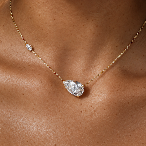 Sideways Pear Choker 2 carat east west pear diamond to sit high on the neck with another small diamond above yellow gold 3 carats worn on neck — Waltz Diamonds