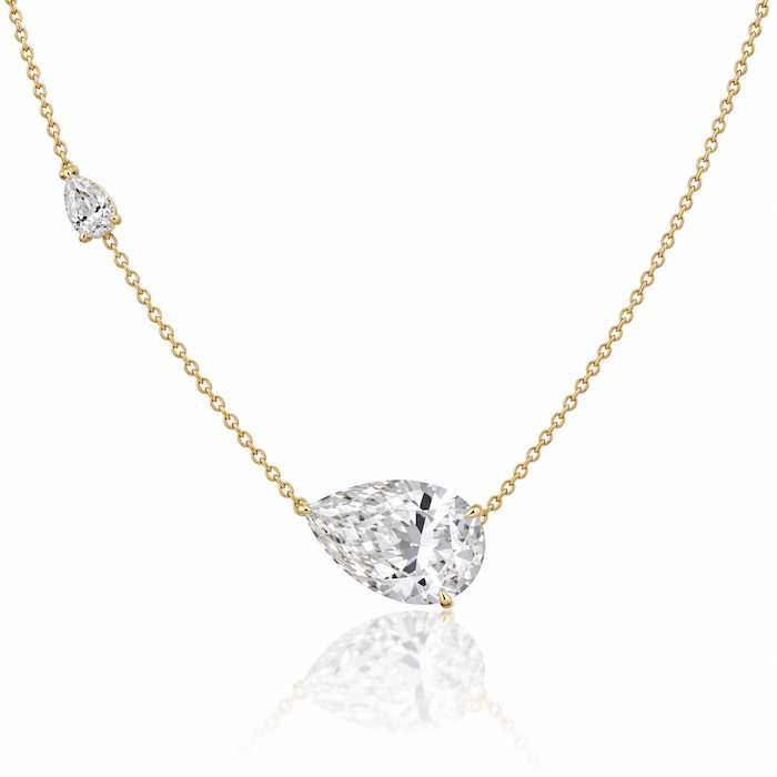 Sideways Pear Choker 2 carat east west pear diamond to sit high on the neck with another small diamond above yellow gold 3 carats — Waltz Diamonds