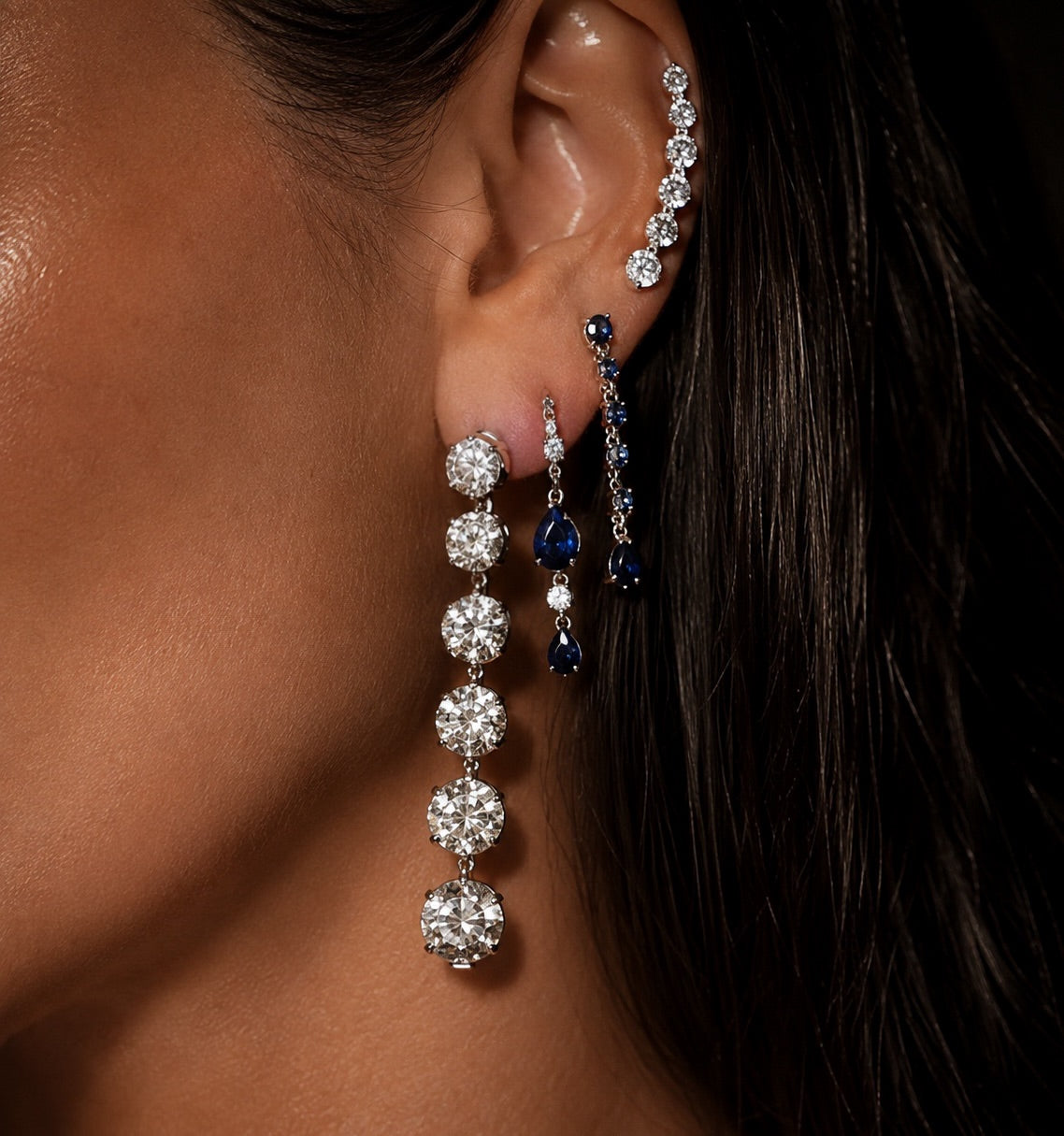 Six Drop Diamond Earrings 6ctw in white gold paired with other diamond earrings from Waltz — Waltz Diamonds