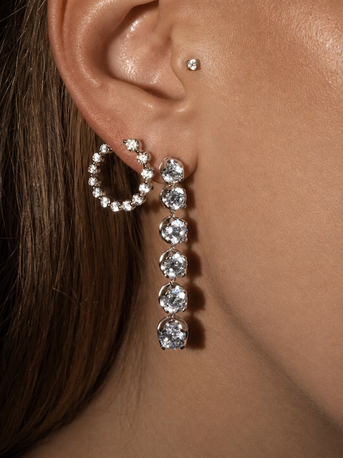 Six Drop Diamond Earrings 6ctw in white gold paired with other diamond earrings from Waltz — Waltz Diamonds